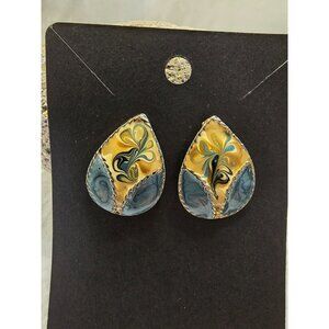 Unique Artistic Post Earrings Statement Jewelry Gold Tone MCM Blue Swirl Mosaic